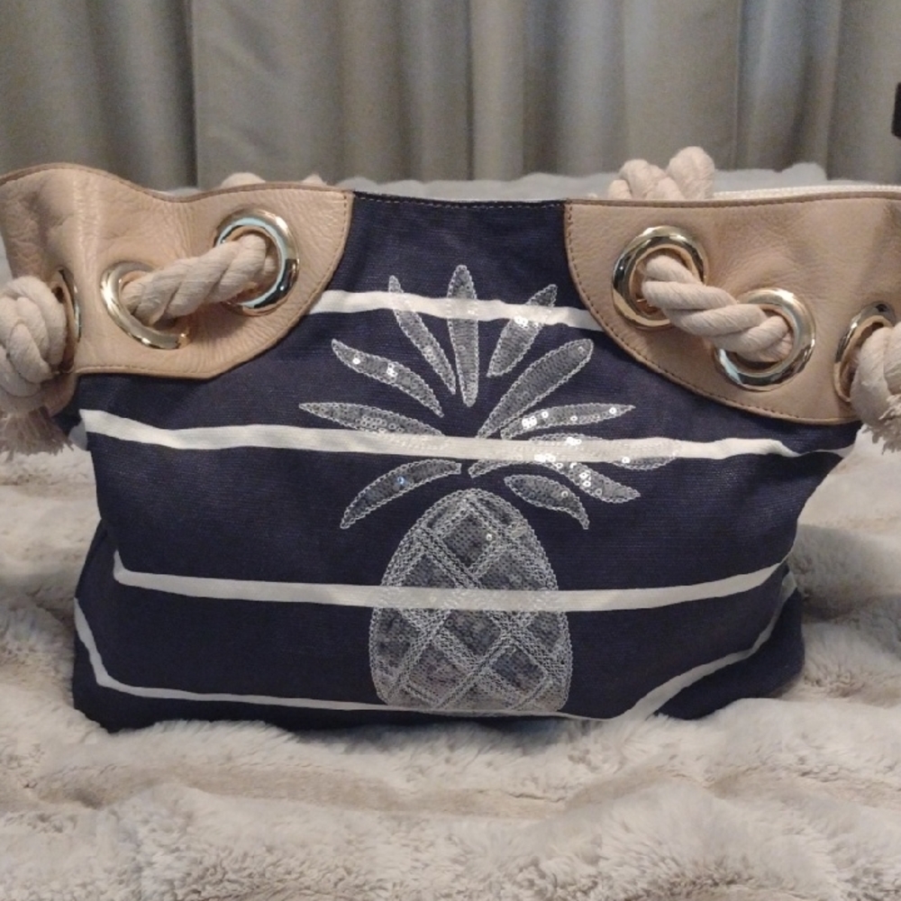 Tommy Bahama Genuine Leather Canvas Bag Navy Cream Rope Nautical Sequin
